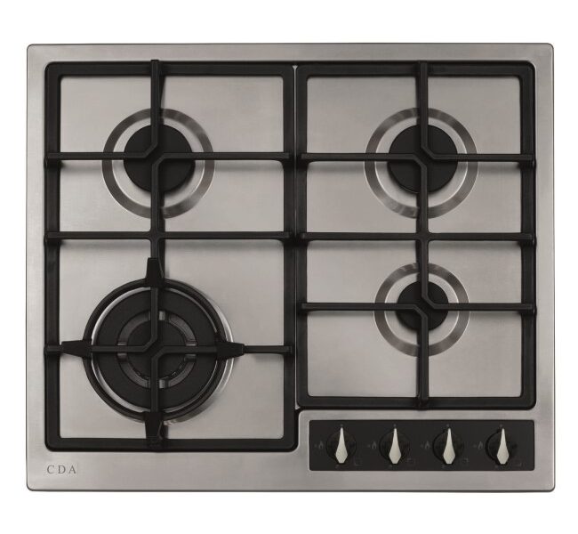 CDA 58cm 4 Burner Gas Hob with Wok Burner and Cast Iron Pan Stands – Stainless Steel