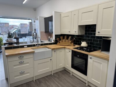 Cream Ex Display Kitchen With Solid Wood Worktops
