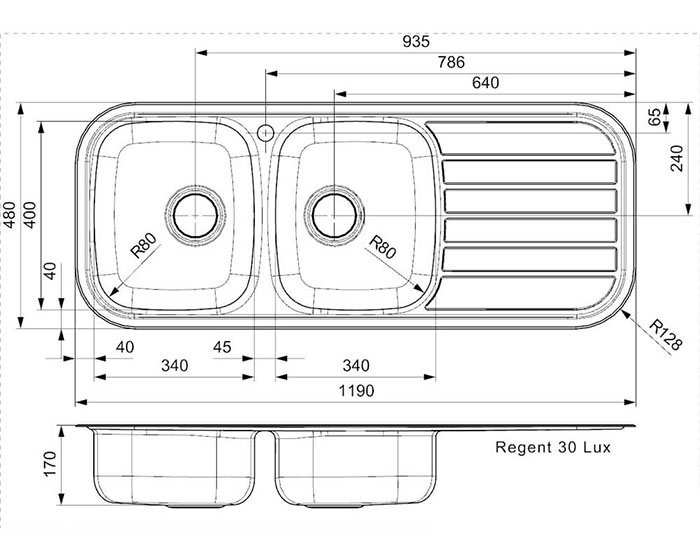 Reginox Regent 30 Lux 2.0 Bowl Stainless Steel Inset Kitchen Sink (RHD)
